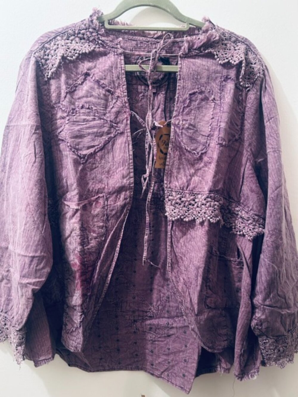 A Rare Bird Purple Majesty Tie Man Made Raw Edge Crochet Lace Blouse Jacket NWT